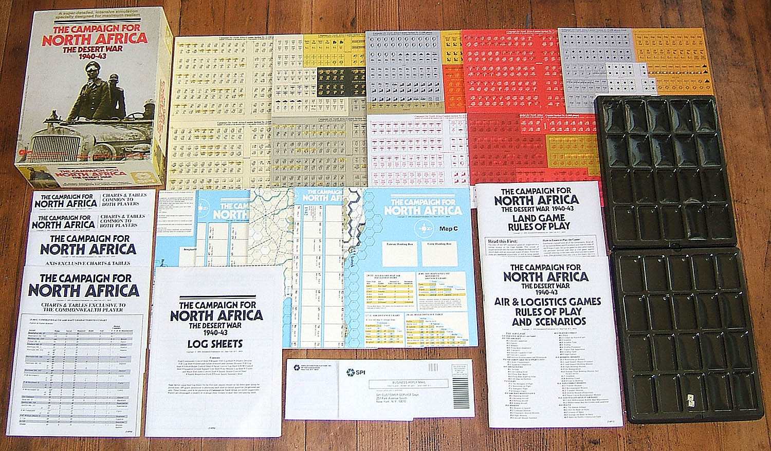 Photograph of box contents for the game “The Campaign for North Africa”