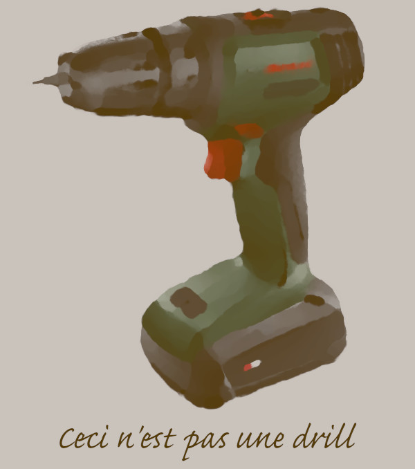 Picture of a drill with caption “Ceci n’est pas une drill”, in the style of an oil painting
